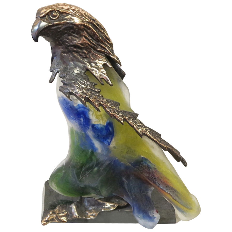 Lampe aigle en bronze et verre signée Lohe