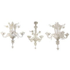 1950 Chandelier with Sconces Pair, Murano Crystal and Gold