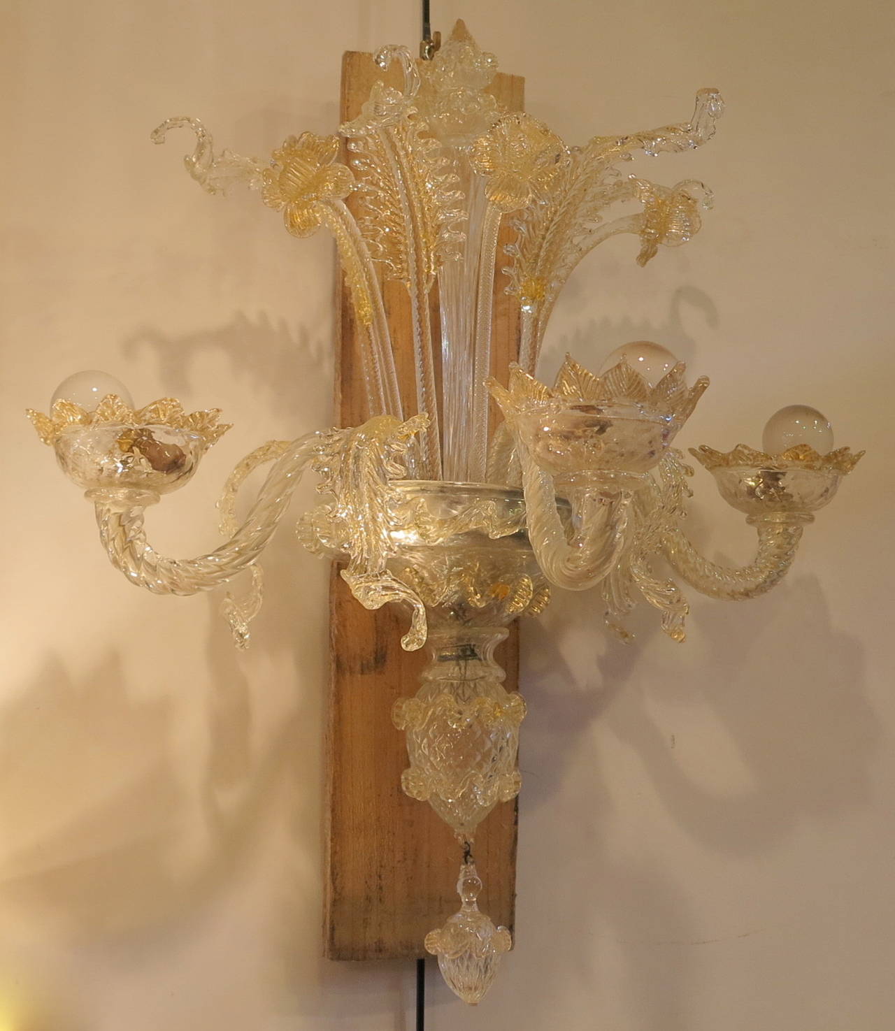 Italian 1950 Chandelier with Sconces Pair, Murano Crystal and Gold