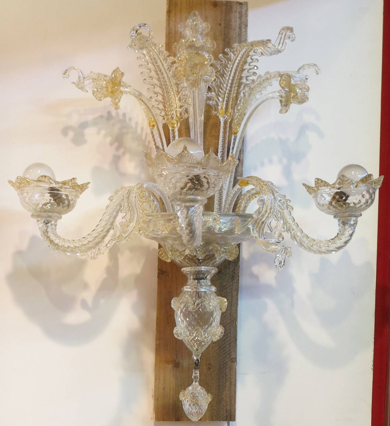 Mid-20th Century 1950 Chandelier with Sconces Pair, Murano Crystal and Gold