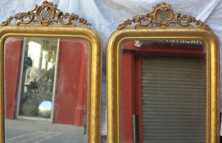 20th Century Pair of Mirrors, Louis Philippe Gilded with Gold Leaf Shell Pediment