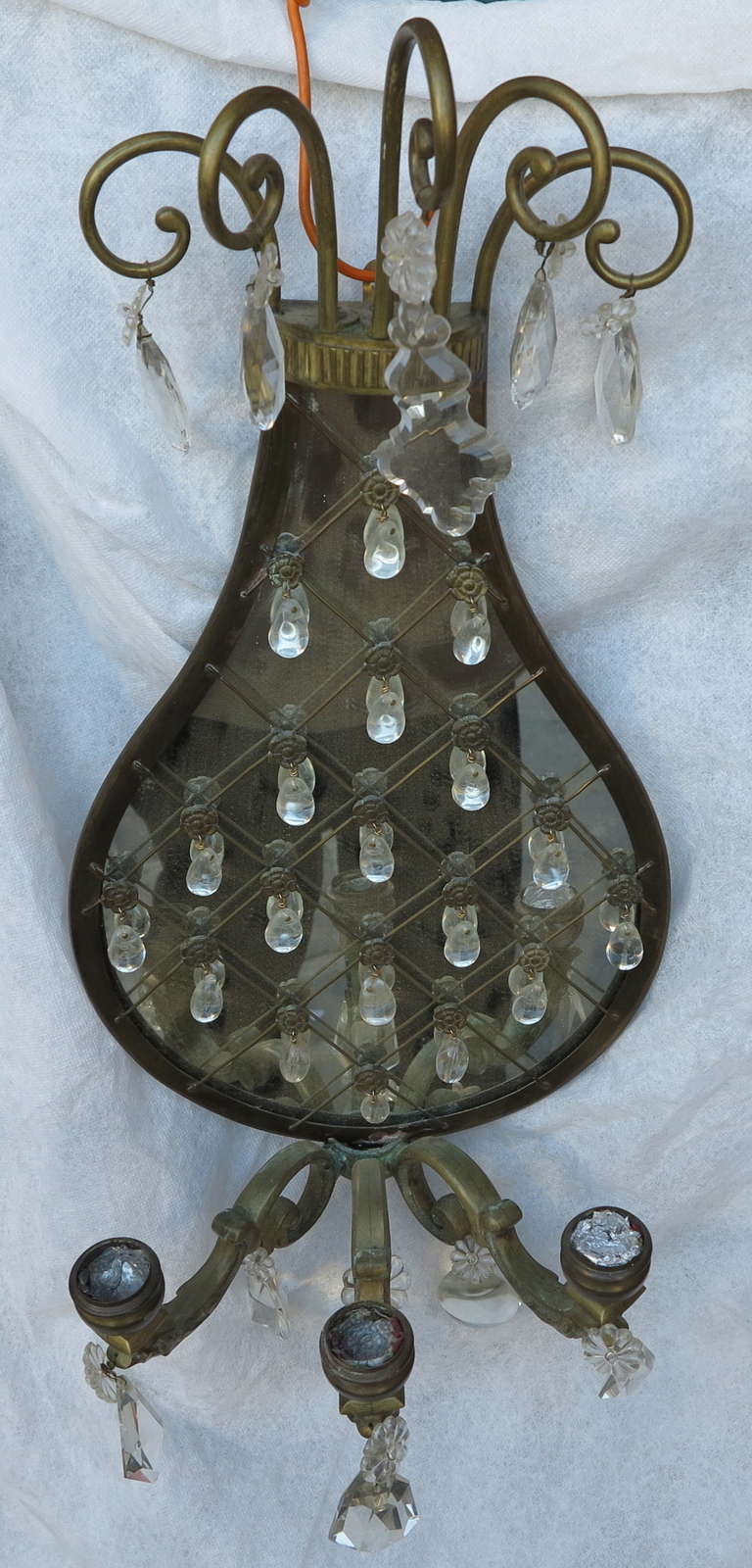 French Pair of Sconces Racket-Shaped Glass with Drops