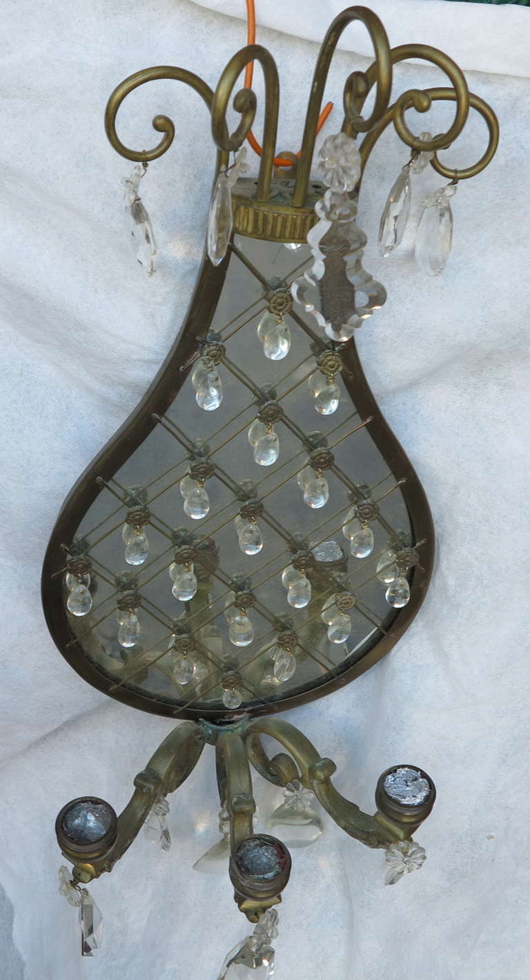 Mid-20th Century Pair of Sconces Racket-Shaped Glass with Drops