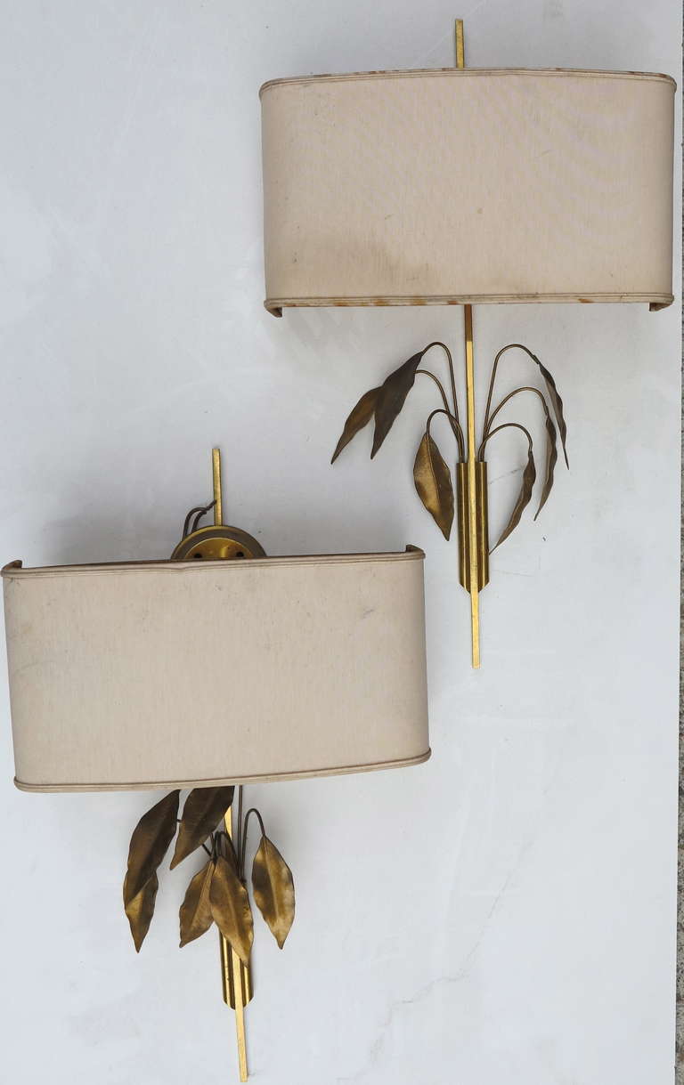 French Two Pairs of Wall Lamps with Laurel Leaves attributed to Maison Charles.
