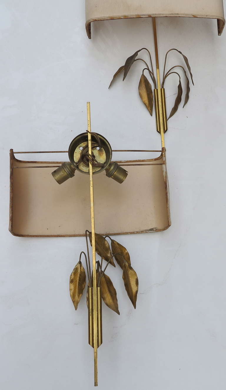 Bronze Two Pairs of Wall Lamps with Laurel Leaves attributed to Maison Charles.