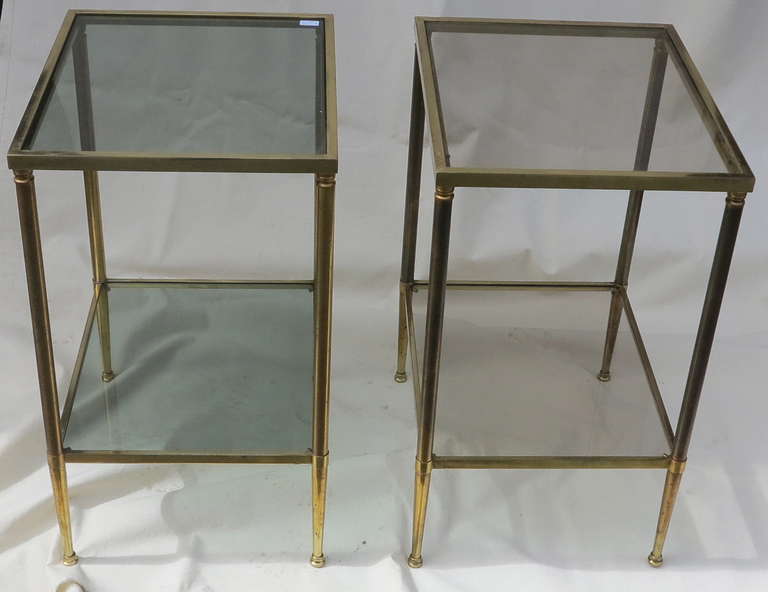 Pair of end tables circa 1950-1970 polished bronze, smoked glass shelves, good condition