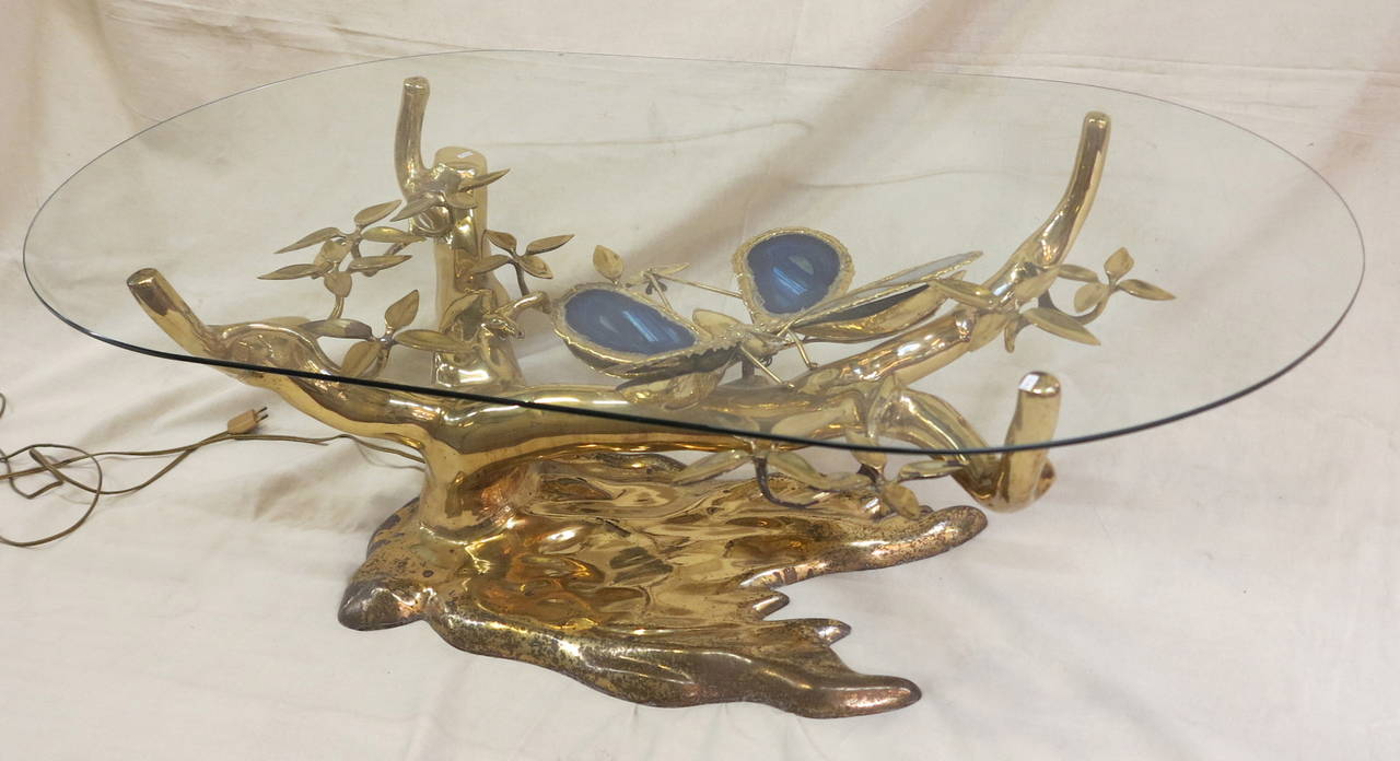 1970 Lighting Coffee Table Bonsai Bronze Daro or Brasseur, with Butterfly In Good Condition In Paris, FR