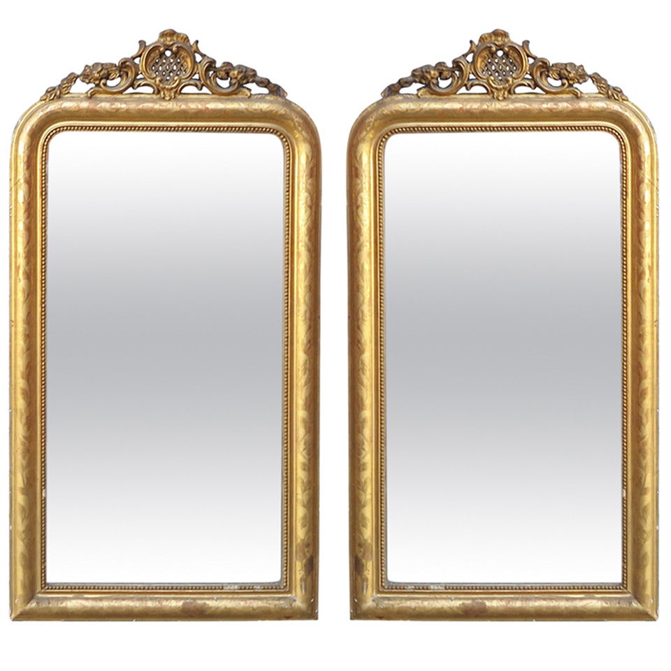 Pair of Mirrors, Louis Philippe Gilded with Gold Leaf Shell Pediment