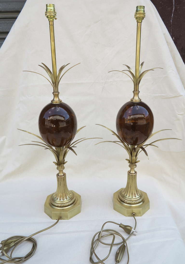 Pair of signed lamps Charles made in France, structures bronze and egg amber way, good condition, circa on 1950