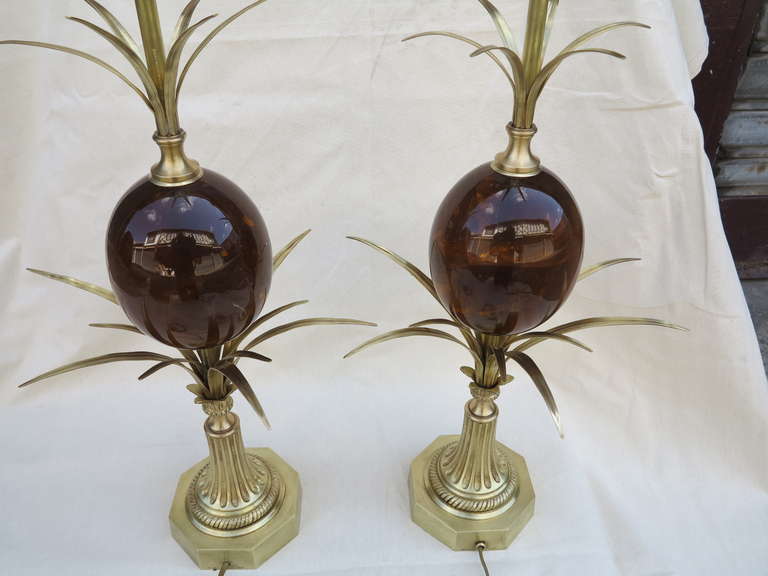 French Pair of Bronze Lamps with Amber Eggs, Signed Charles