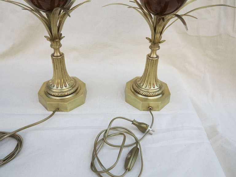 Pair of Bronze Lamps with Amber Eggs, Signed Charles In Fair Condition In Paris, FR