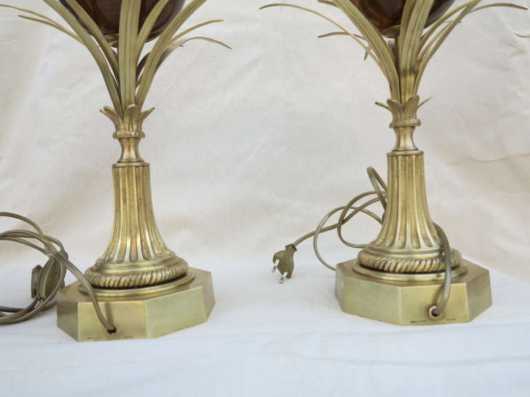 Mid-20th Century Pair of Bronze Lamps with Amber Eggs, Signed Charles