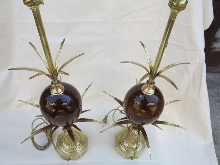Pair of Bronze Lamps with Amber Eggs, Signed Charles 2