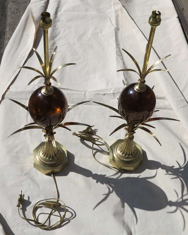 Pair of Bronze Lamps with Amber Eggs, Signed Charles 3