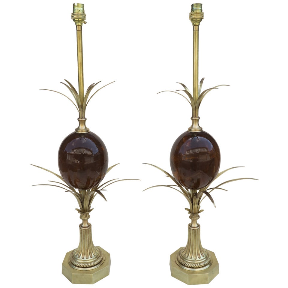 Pair of Bronze Lamps with Amber Eggs, Signed Charles