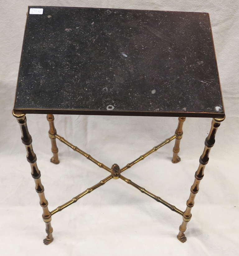 Table or stand Maison Bagués modéle Bamboo, Belgian granite top and golden bronze amount good condition circa 1950/70