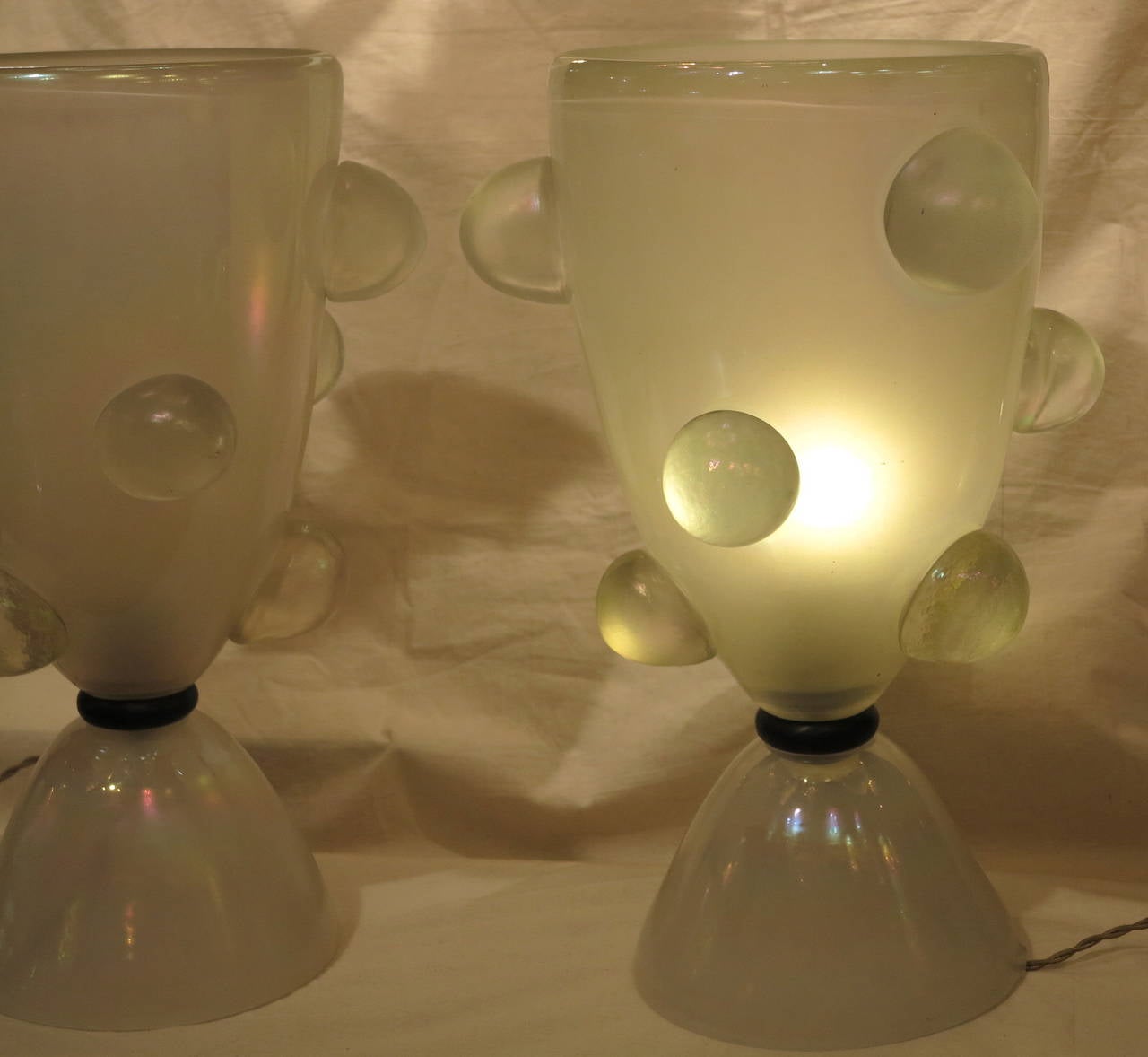 1970' Pair of Glass Lamps With Bubbles or Opalescent Crystal In Good Condition In Paris, FR