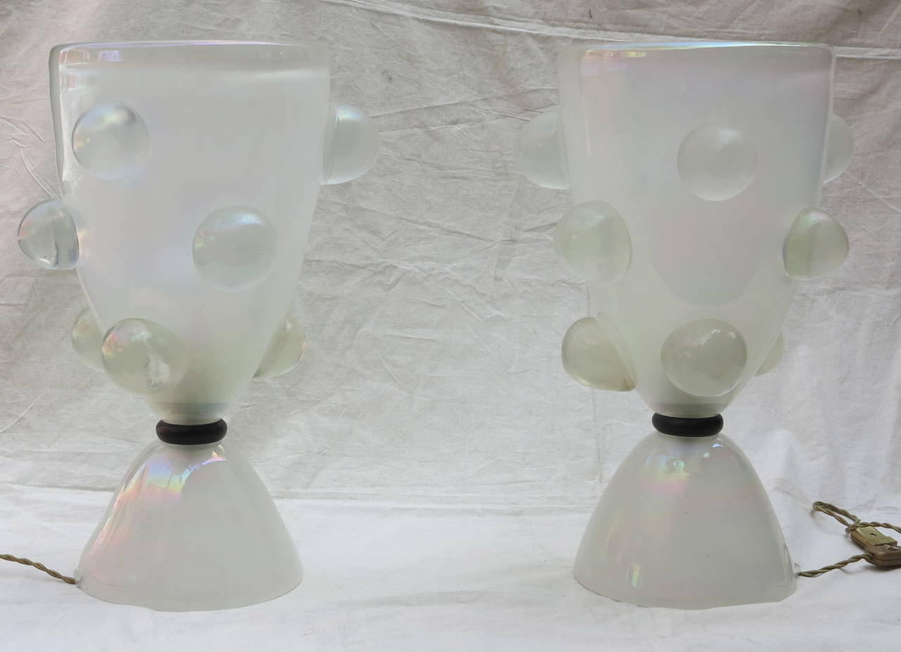 Pair of crystal lamps 1970 or glass iridescent,in the style of Toso Aurélien di Muranol, good condition,bubbles are full