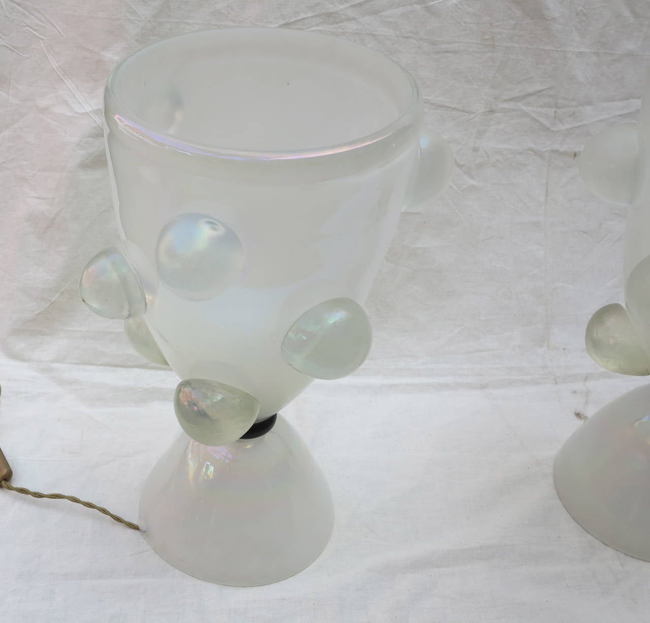 Art Deco 1970' Pair of Glass Lamps With Bubbles or Opalescent Crystal