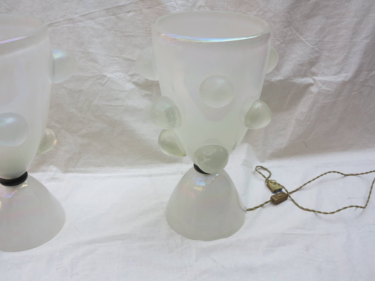 Italian 1970' Pair of Glass Lamps With Bubbles or Opalescent Crystal