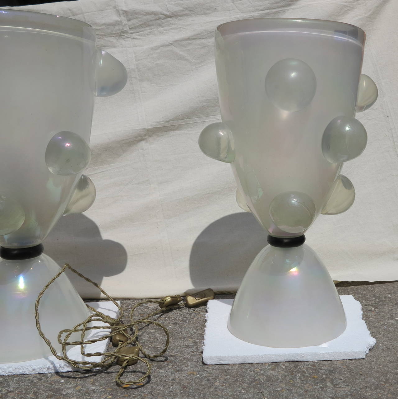 1970' Pair of Glass Lamps With Bubbles or Opalescent Crystal 3