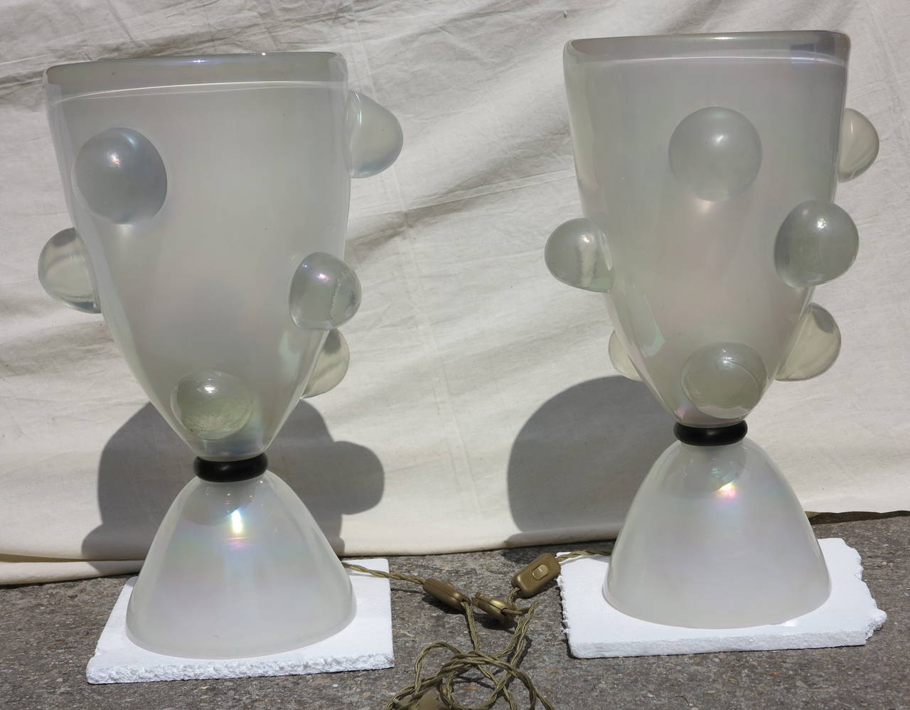 1970' Pair of Glass Lamps With Bubbles or Opalescent Crystal 2