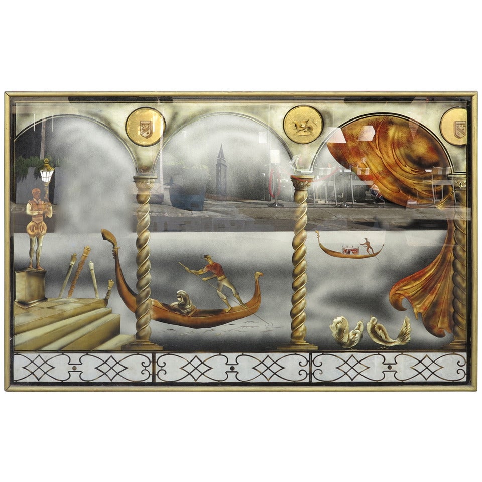 Eglomise Glass Panel "Gondola Ride to the Venice Carnival" For Sale