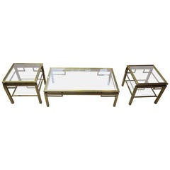 1950-1970 Coffee Table, Style of Guy Lefevre and Two Side Tables in Polish Brass