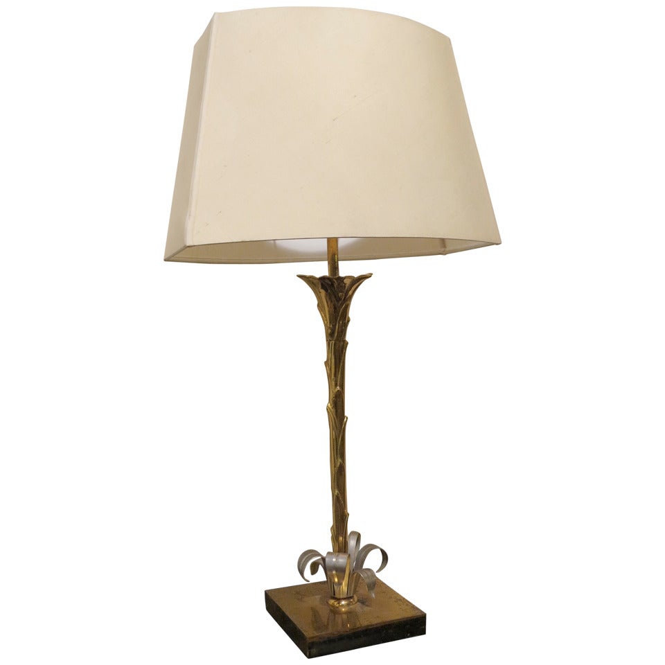 Maison Baguès Lamp Signed Gilt Bronze with Palm Decor For Sale