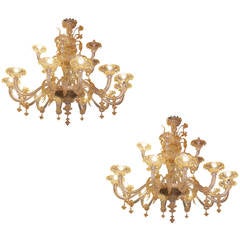 1970s Pair of Chandeliers Murano Crystal and Gold with Eighteen Lights Arms