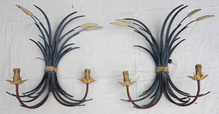 Pair of painted Metal Wheat Sconces, good condition. Circa 1950-1970