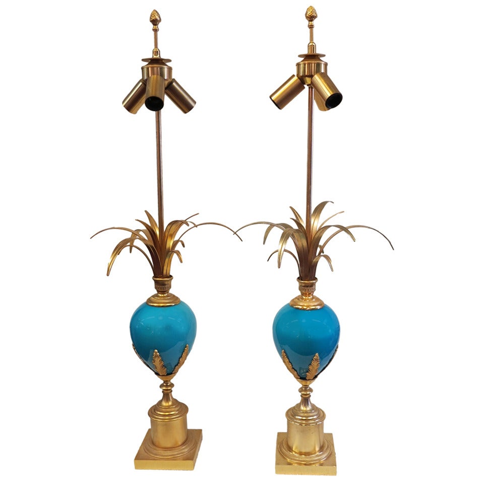 1970' Pair Of Lamps in the Style Of Maison Charles With Blue Opaline