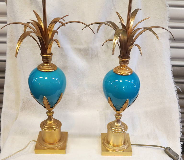 Mid-20th Century 1970' Pair Of Lamps in the Style Of Maison Charles With Blue Opaline