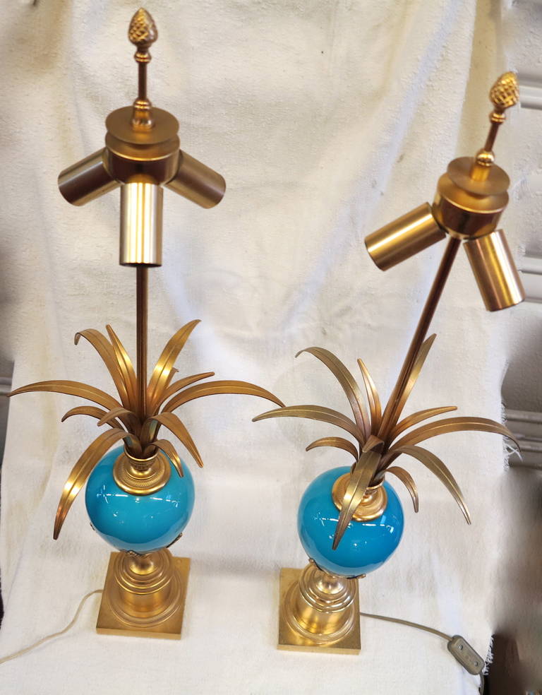 Opaline Glass 1970' Pair Of Lamps in the Style Of Maison Charles With Blue Opaline