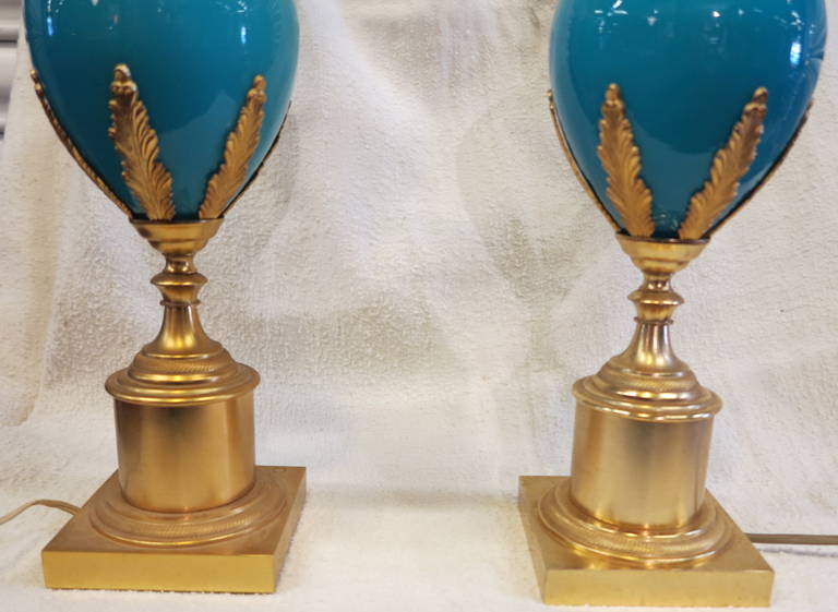1970' Pair Of Lamps in the Style Of Maison Charles With Blue Opaline 1