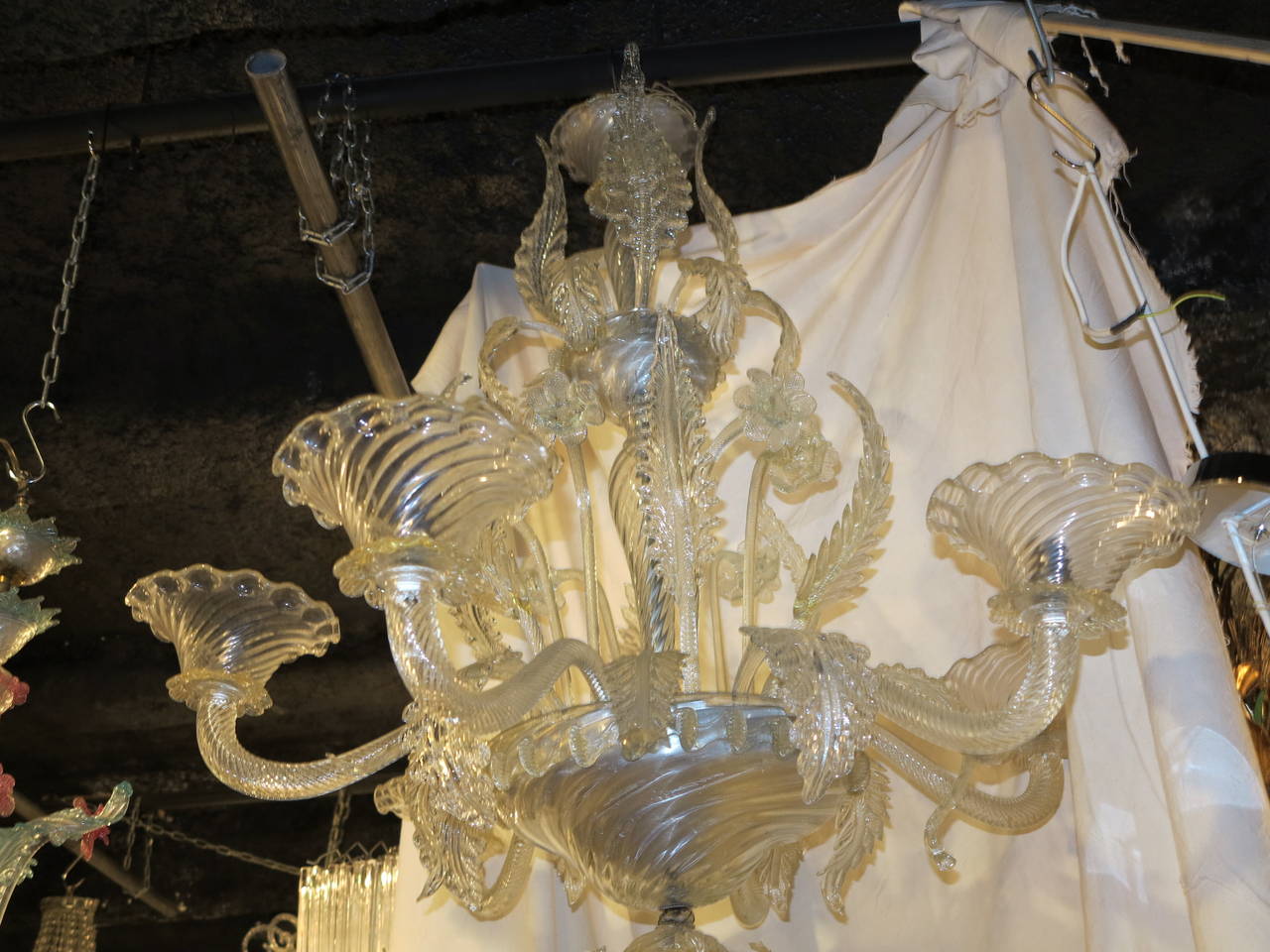 Glass Chandelier Murano Crystal with Six Lights, 1950-1970