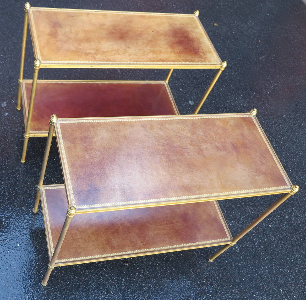 Art Deco 1970' Pair of Shelf in brass and bronze Maison Bagués 2 tray with leather