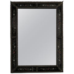 1880 Mirror Napoléon 3 Bronze Frame  Enamelled on Colored Black Glass