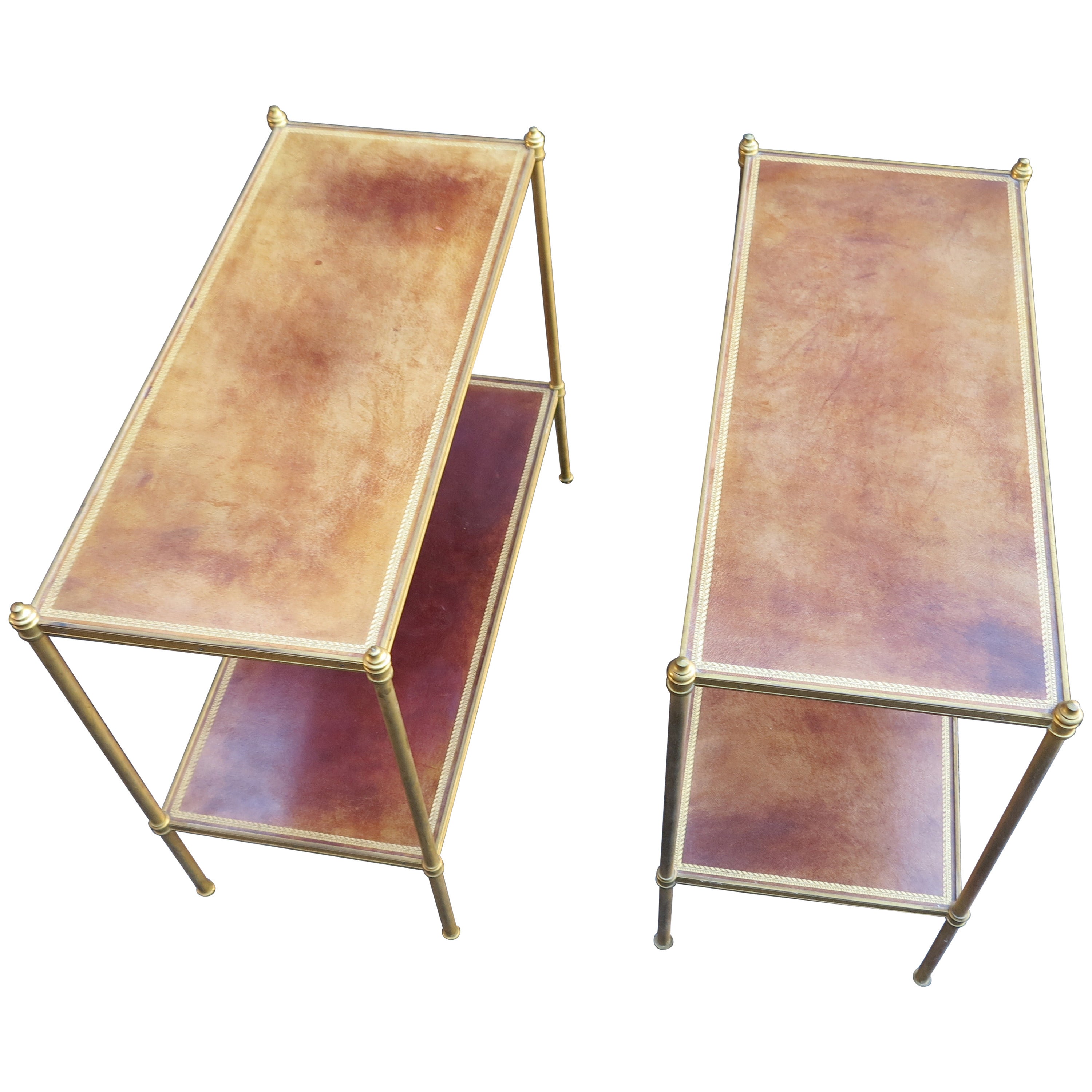 1970' Pair of Shelf in brass and bronze Maison Bagués 2 tray with leather