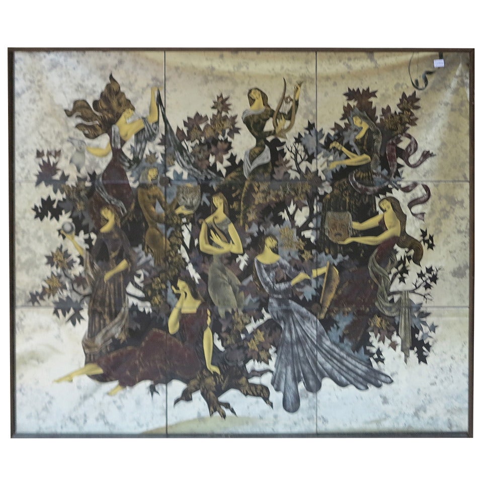 Art Deco Eglomise Glass Panel "The 9 Muses" by Bompard