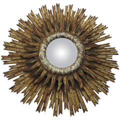 Convex Sunburst Mirror in Gilded Wood and Silver