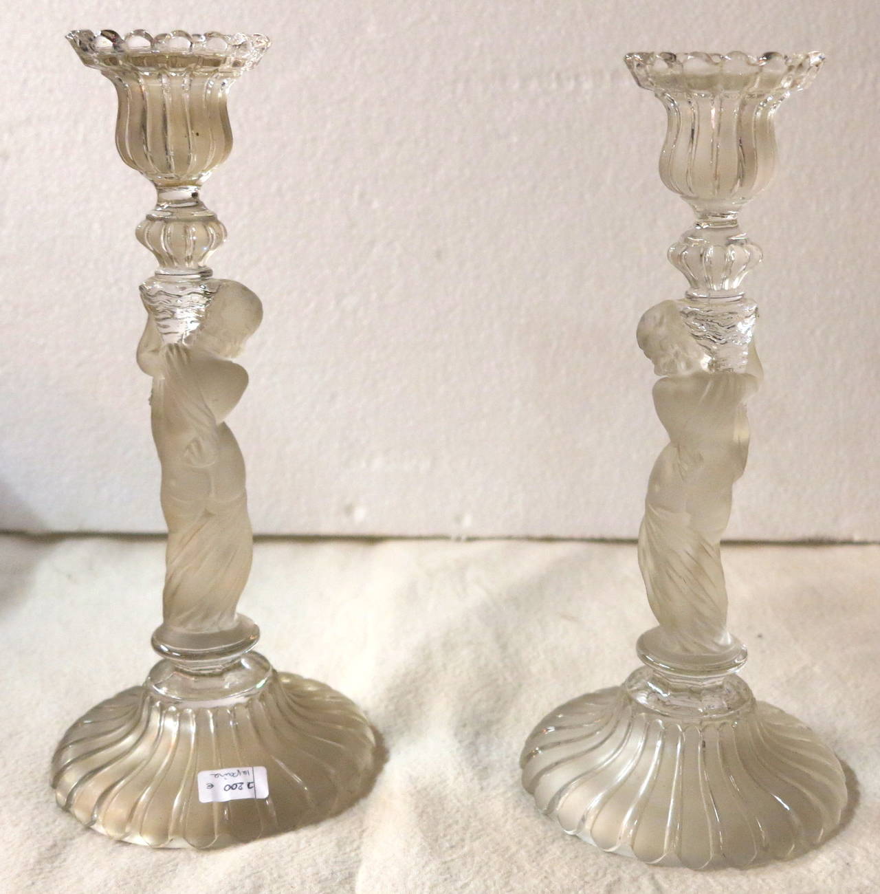 French Pair of Candleholder with Children Attribut Baccarat signed
