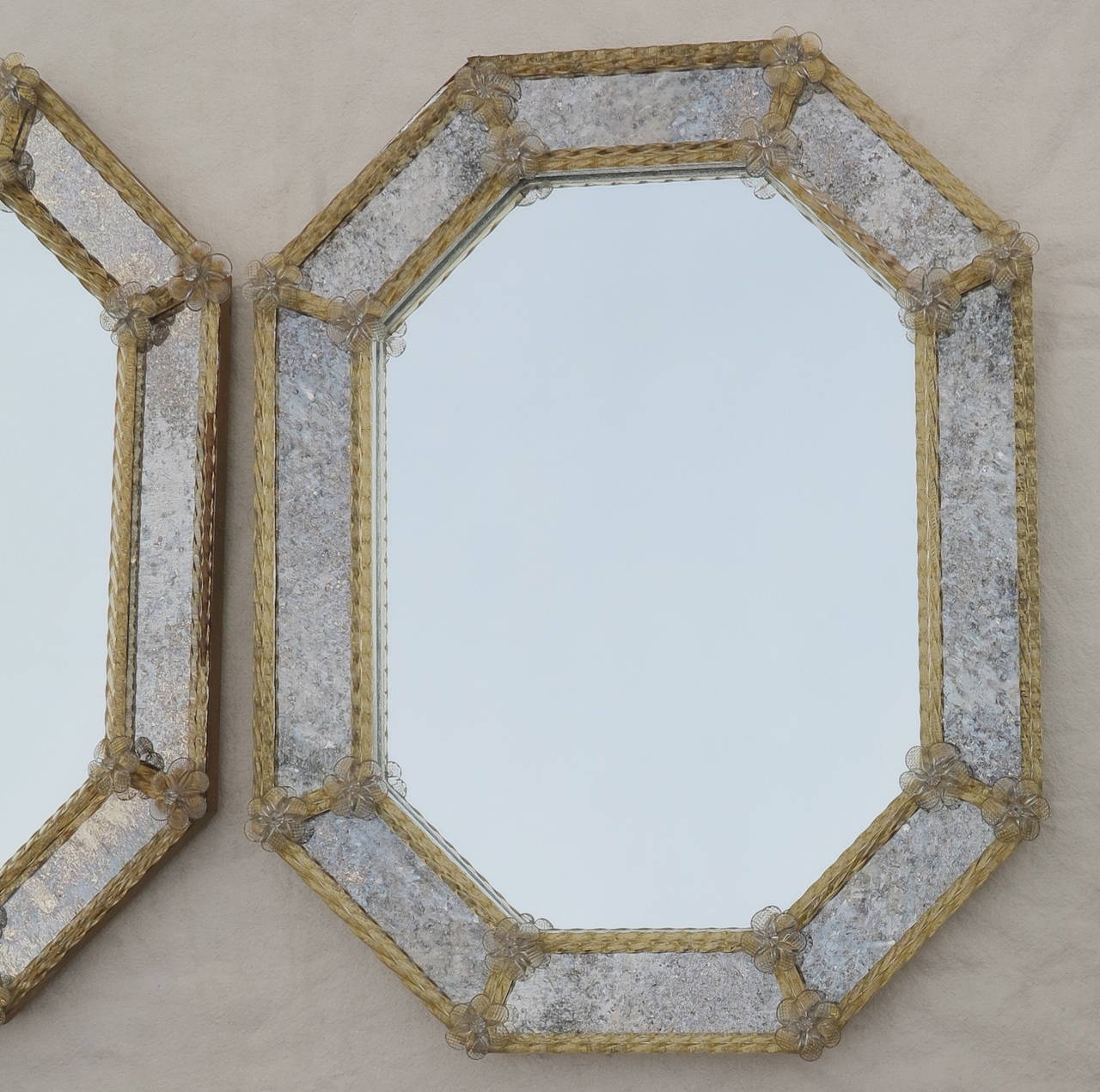 Italian Pair of Octagonal Mirrors Veronése with Parecloses and Oxidized Mirror