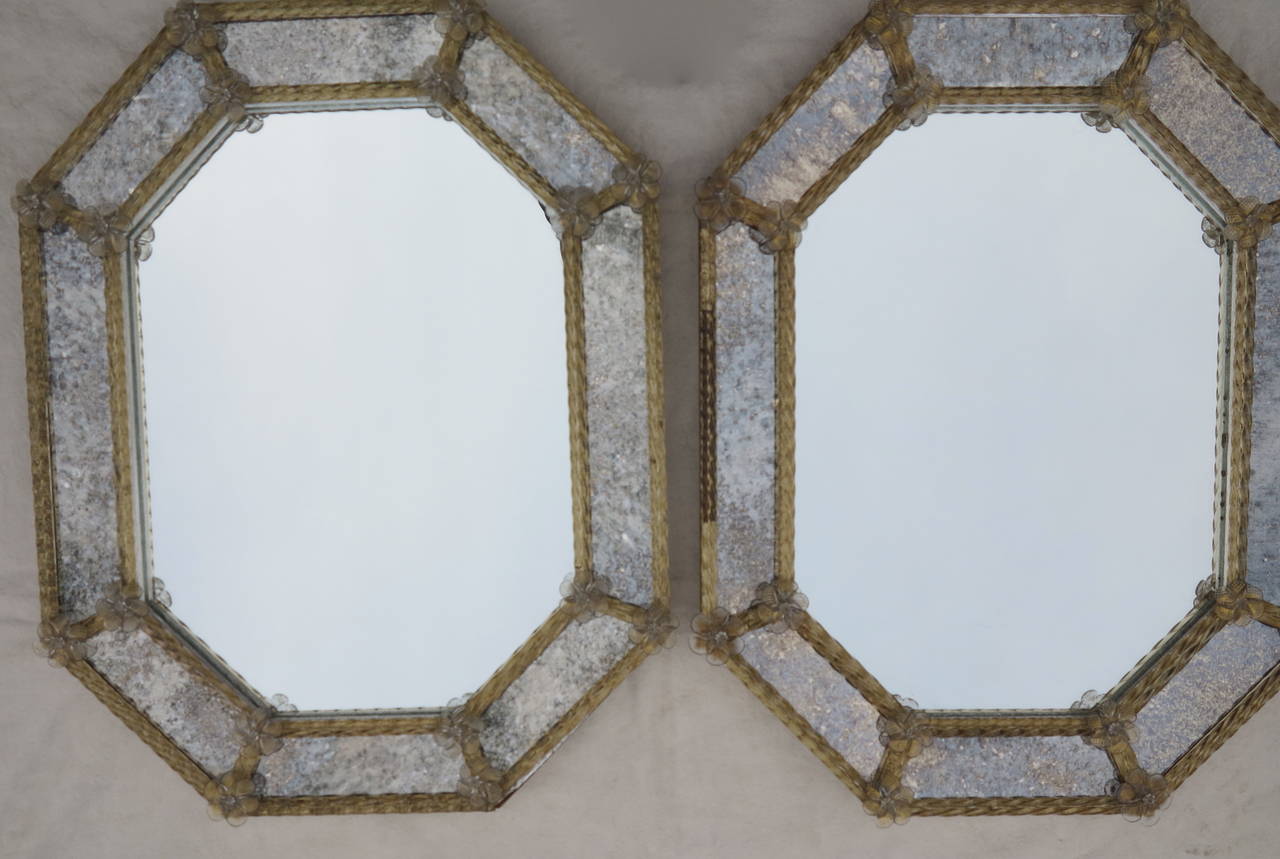 Pair of Octagonal Mirrors Veronése with Parecloses and Oxidized Mirror 1