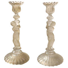 Retro Pair of Candleholder with Children Attribut Baccarat signed