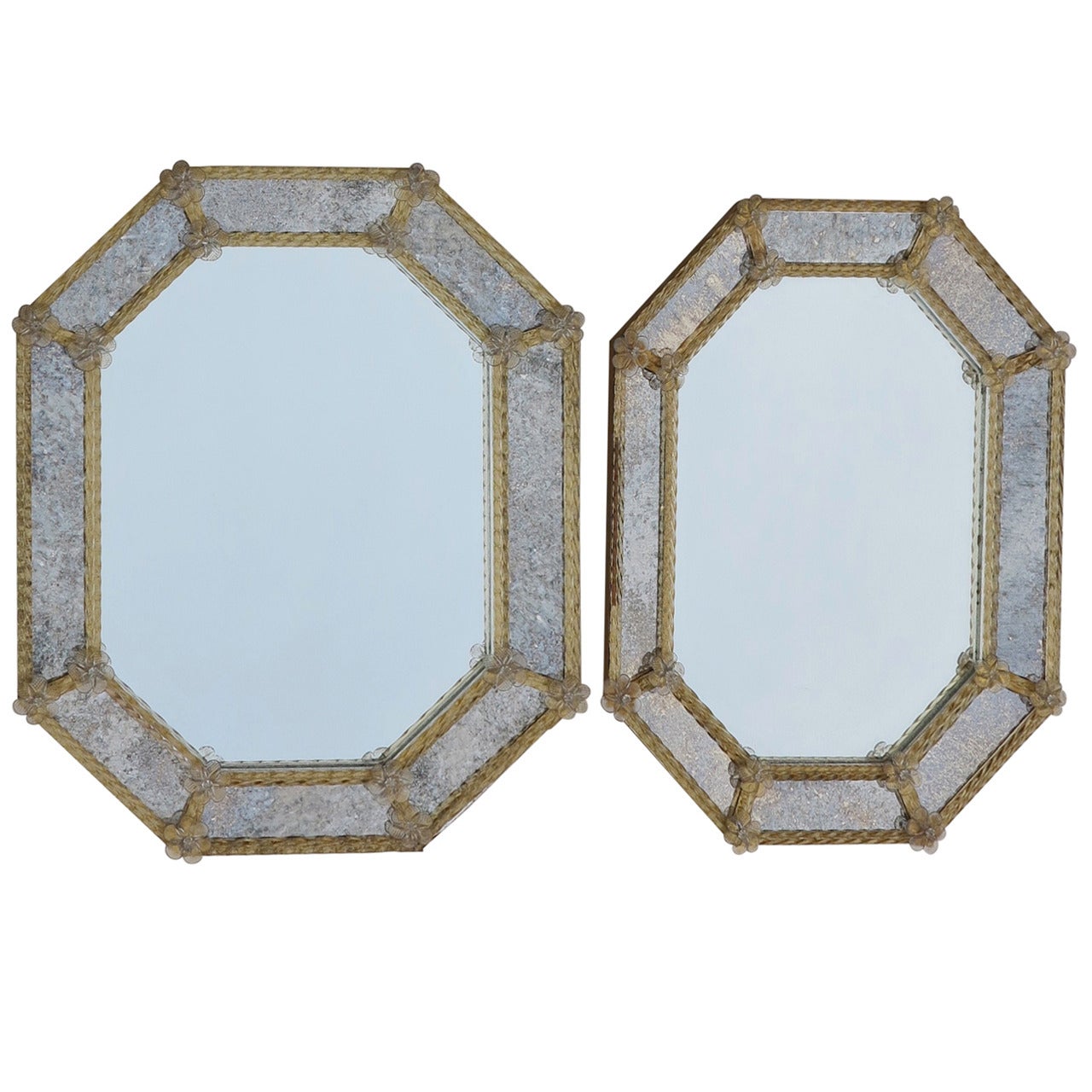 Pair of Octagonal Mirrors Veronése with Parecloses and Oxidized Mirror