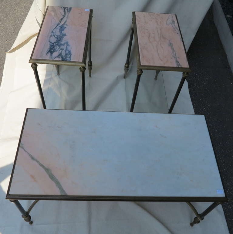 Maison Jansen Style Bronze and Marble Coffee Table and Sides Tables