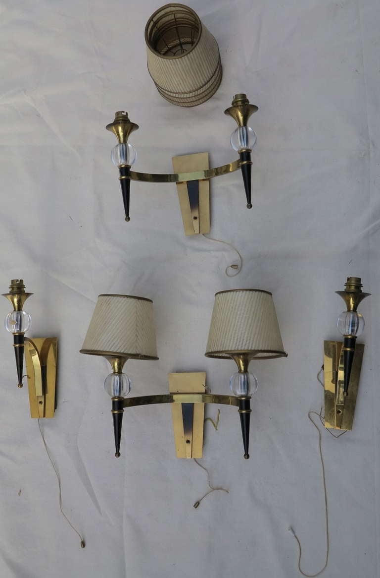 Pair of sconces with two arms and a pair with one arm, double patina bronze, crystal ball Sevres.