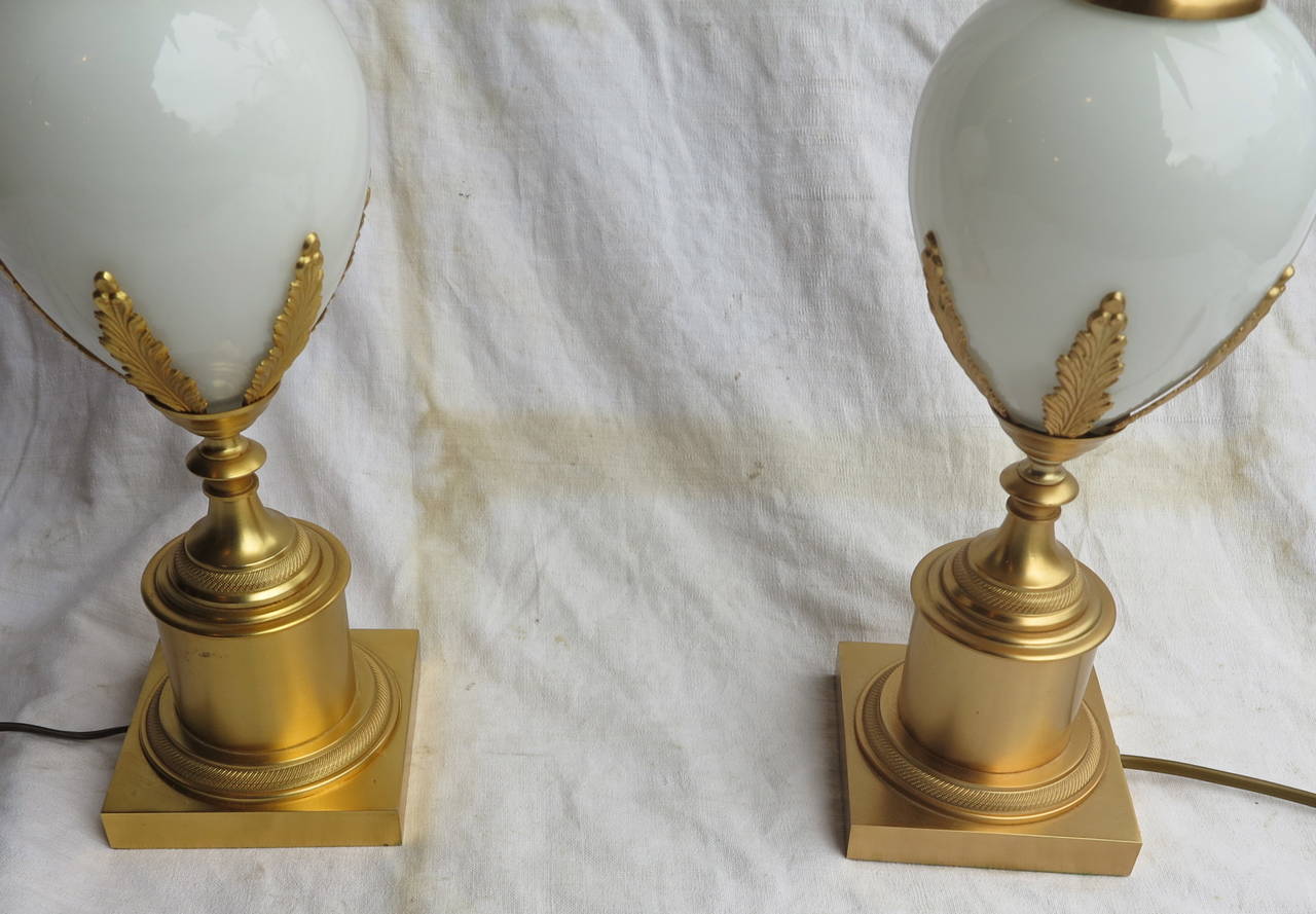 Iron 1970' Pair of Table Lamps in the Style of Maison Charles With White Opaline
