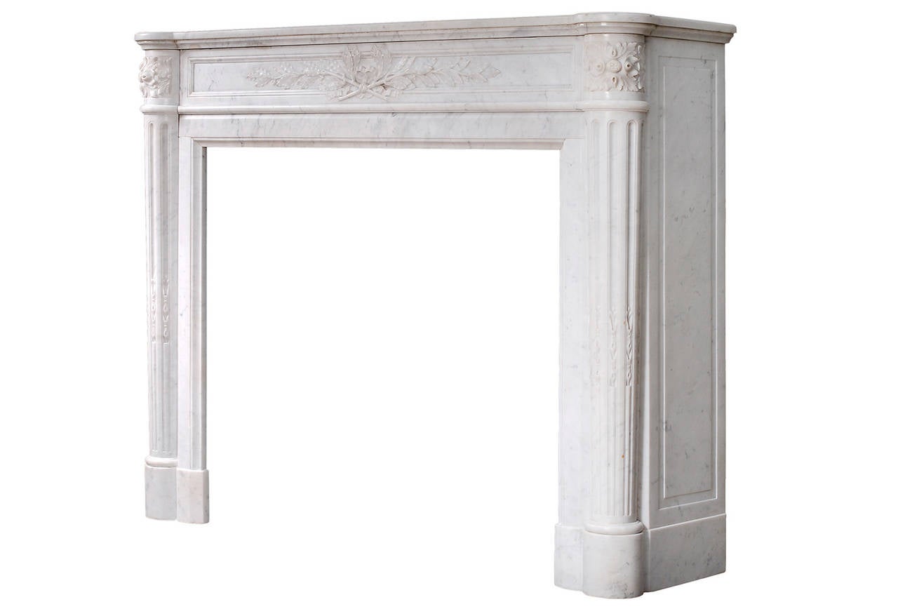 19th Century French Louis XVI Style Mantel Piece in Light Carrara Marble 2